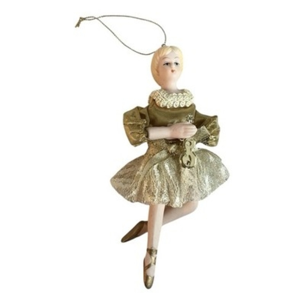 Vintage Ballerina Porcelain Christmas Ornament Gold Lace Dress 6" Rare VG